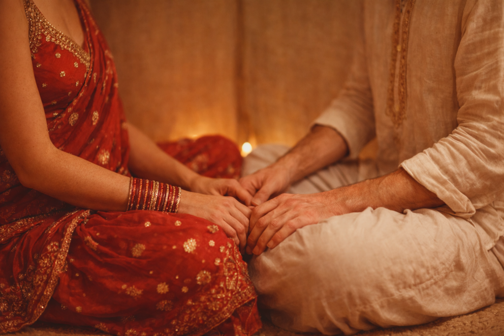 couple sitting infort of each other woman dressed in red man in white