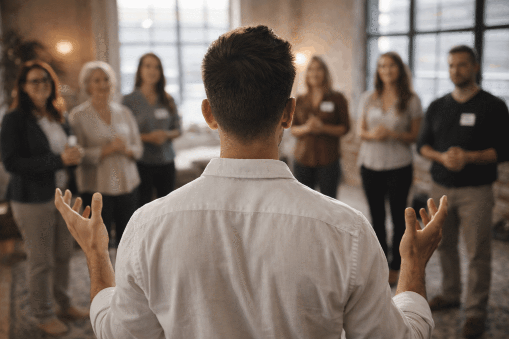 Nico Loewer guiding a group process, seen from behind, with participants in front—focused on presence and facilitation