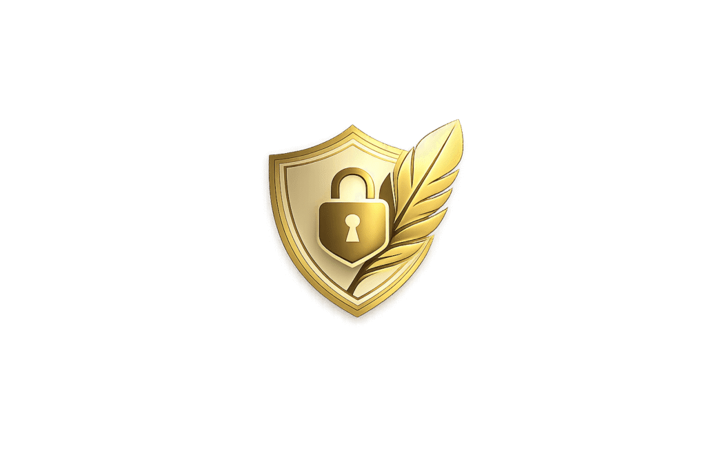 Golden shield with a lock and feather icon