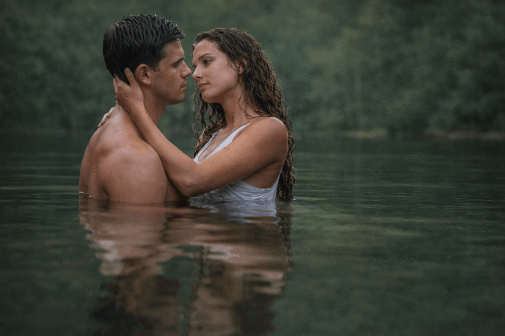 Couple in beautiful hug in lake