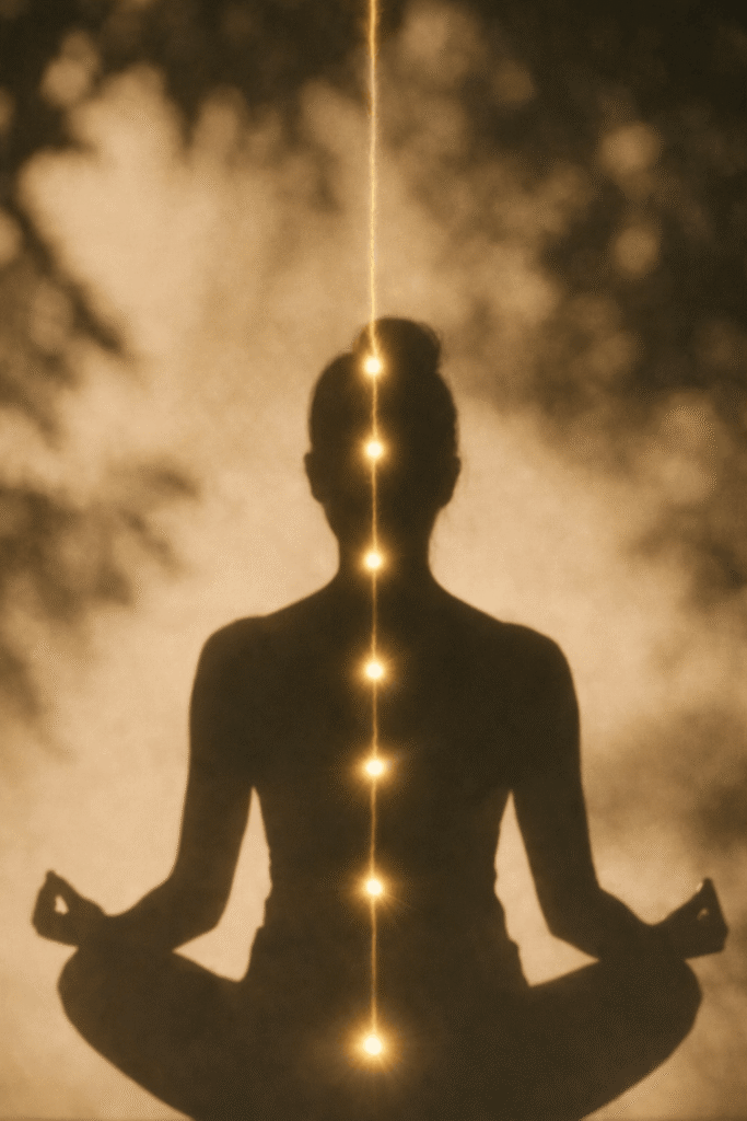 a picture of a sahdow of a woman meditating and 7 golden dots connected through a golden string