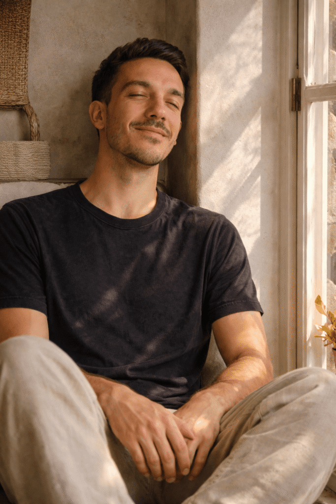 Man sitting in a window frame facing sunbeams in his face