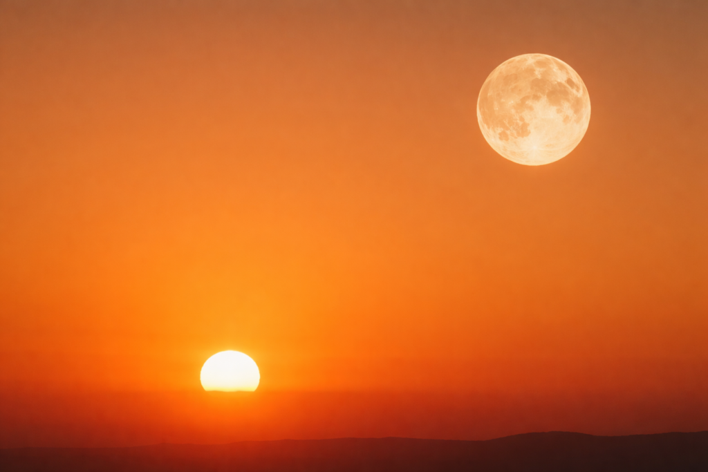 Sonne und mond beim sonnenaufgang