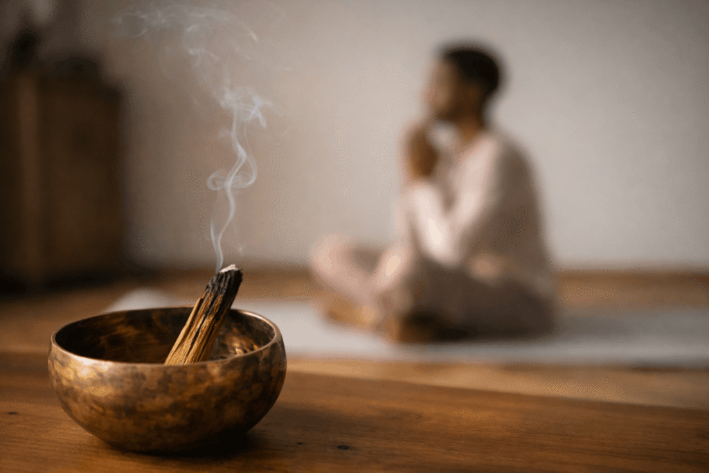Singing bowl with Palo Santo in the foreground, with a person in a yoga pose in the background as a symbol of mindfulness, grounding, and presence