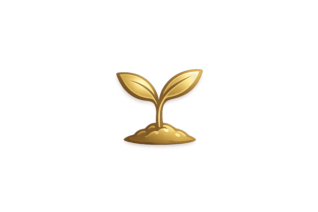 Golden seedling as a logo, symbol of growth, presence, and conscious development